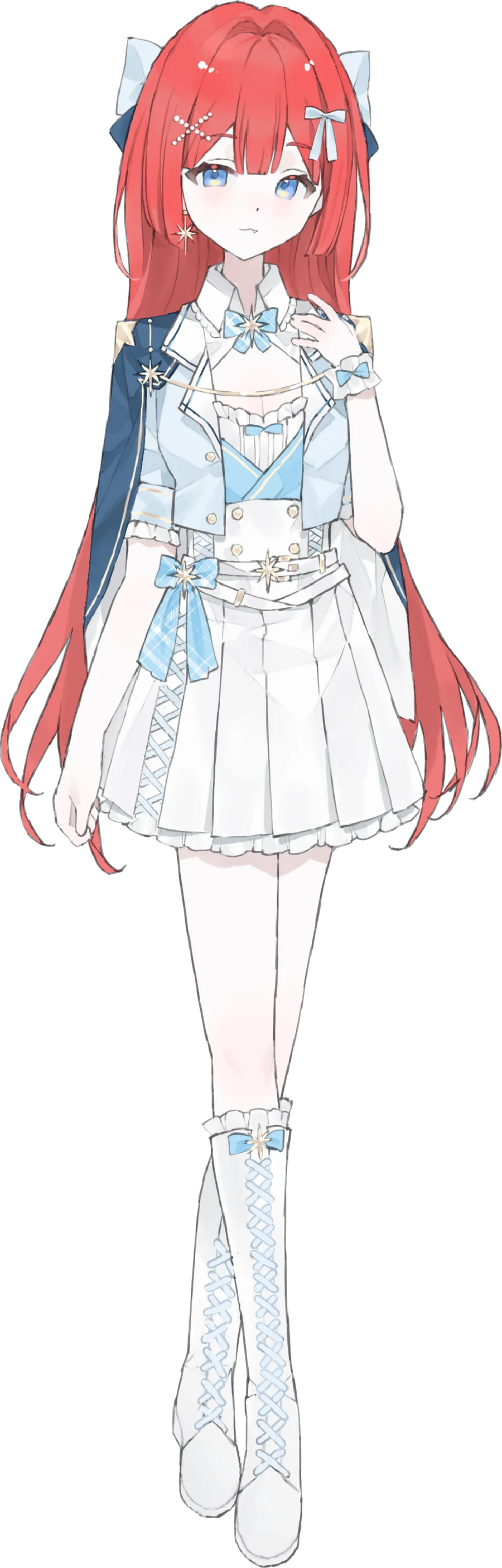 芮果，紅色長髮與藍白星月服裝